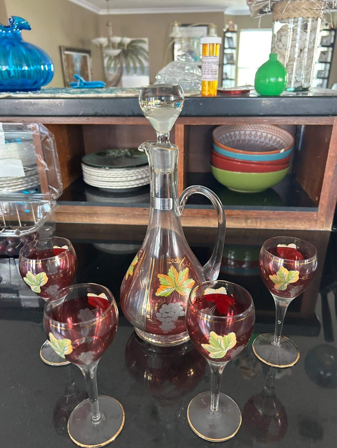 Vintage Glass Decanter and Wine Glasses Set
