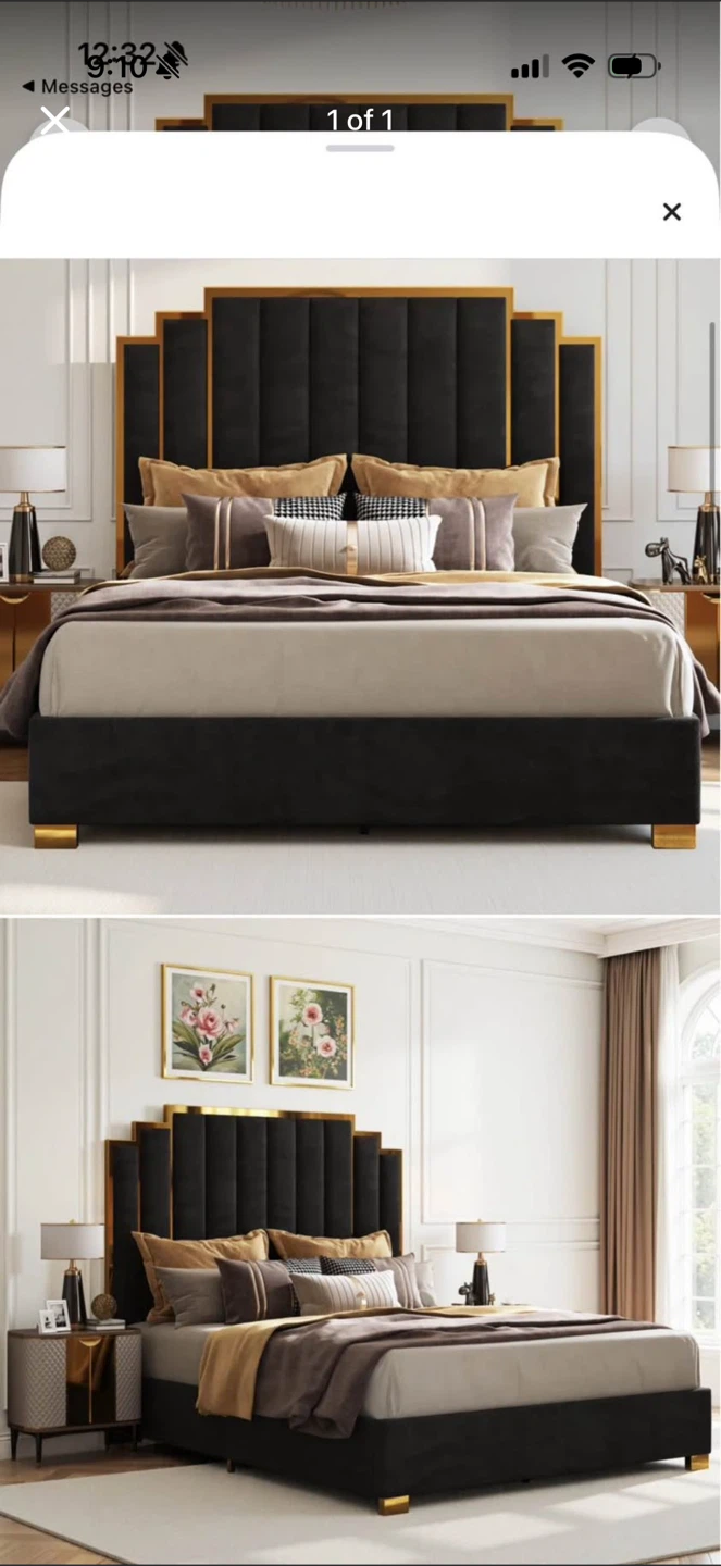Black Velvet Bed Frame with Gold Accents