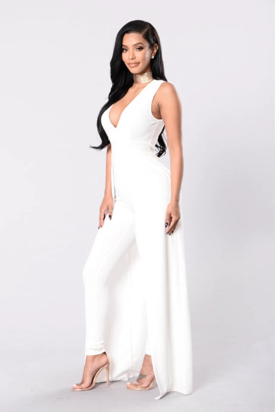 Fashion Nova Women's ivory/white V-Neck Jumpsuit w Back skirt - photo 2