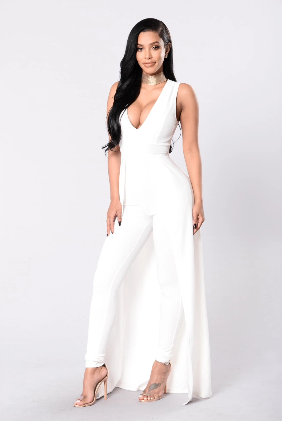 Fashion Nova Women's ivory/white V-Neck Jumpsuit w Back skirt