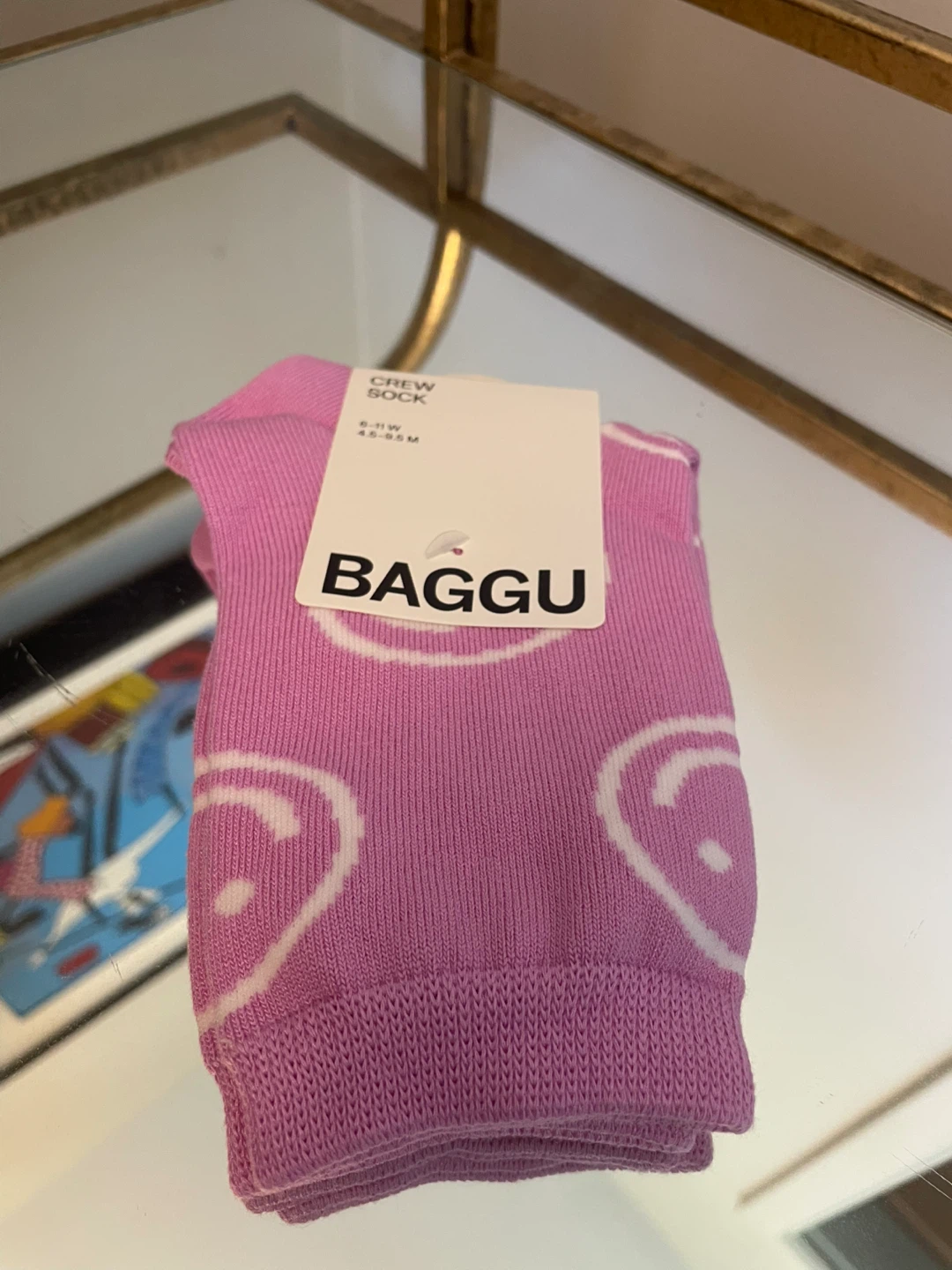 BAGGU Pink Happy  Face Crew Socks NEW