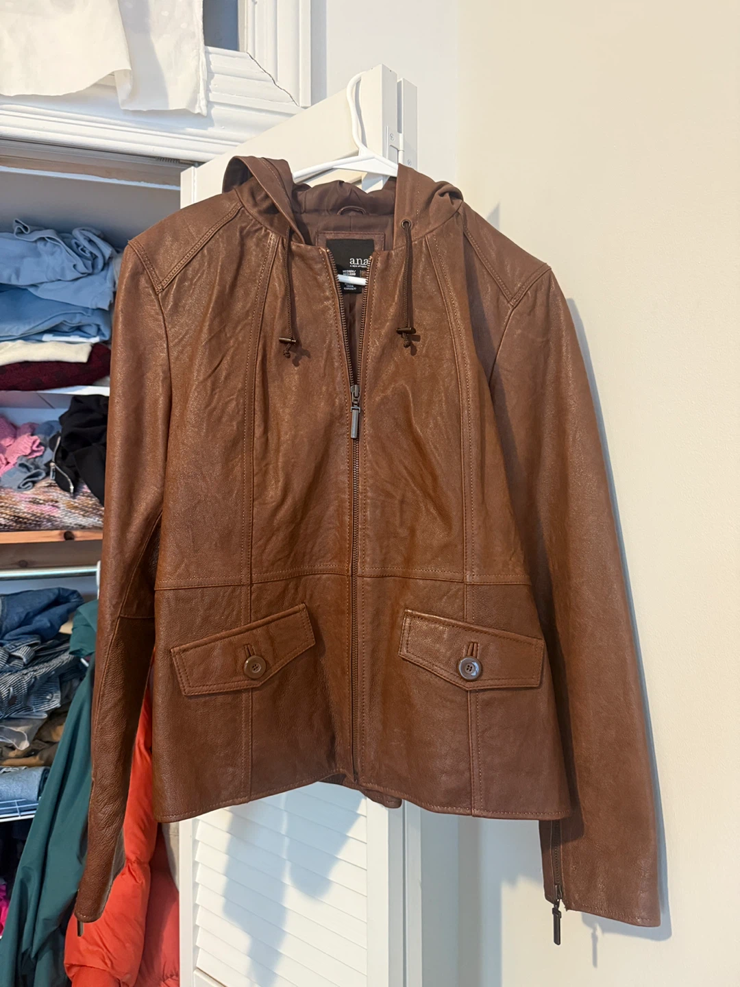 ANA M Leather Hooded Jacket - Brown