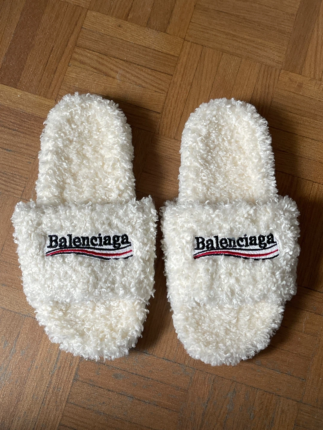 White Balenciaga Fur Slides