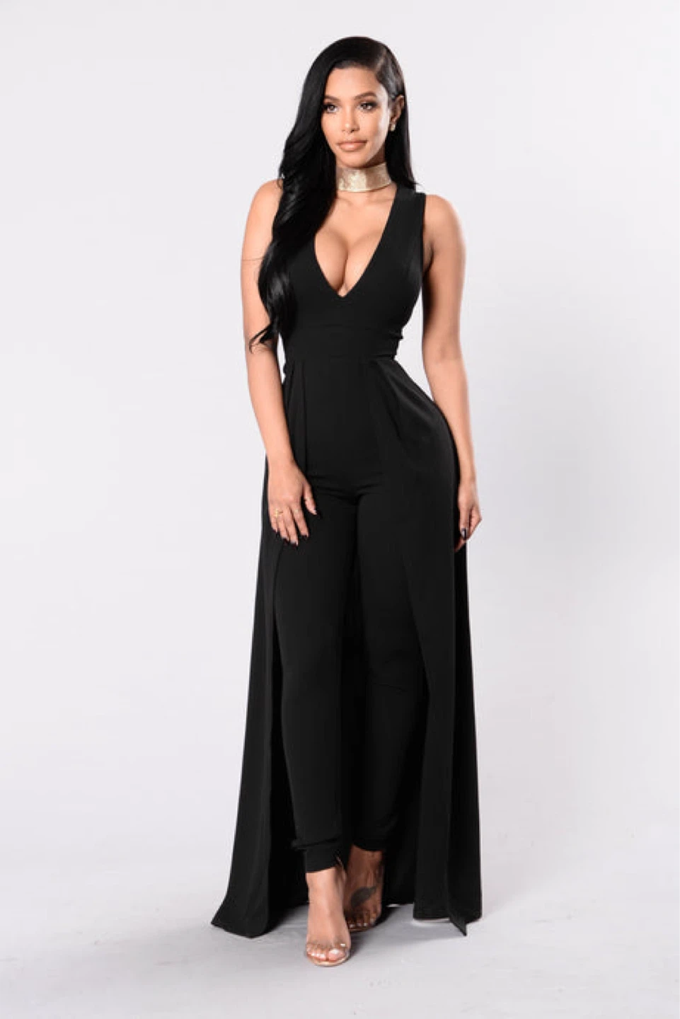 Fashion Nova Women's Black V-Neck Jumpsuit w Back skirt black