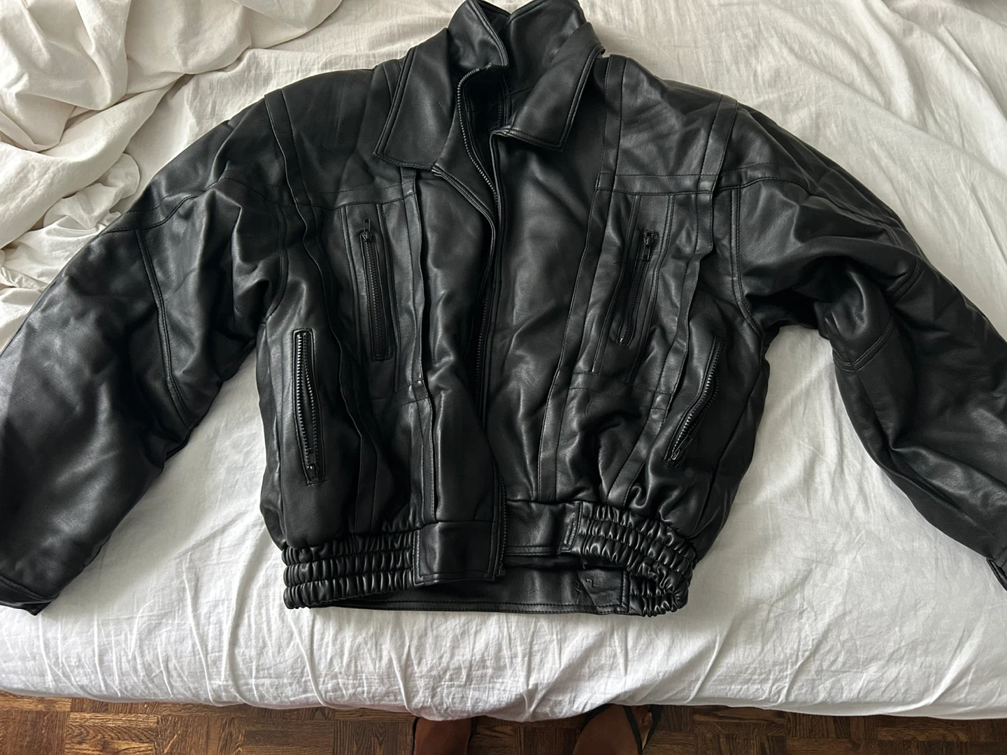 Black Leather Bomber Jacket - M/L