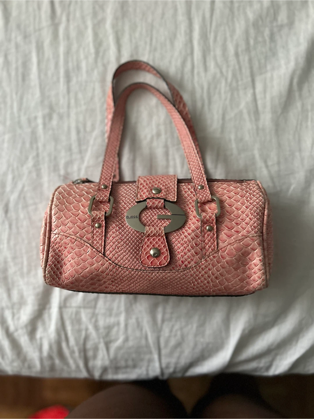 Mini Guess Pink Snake Embossed Barrel Handbag