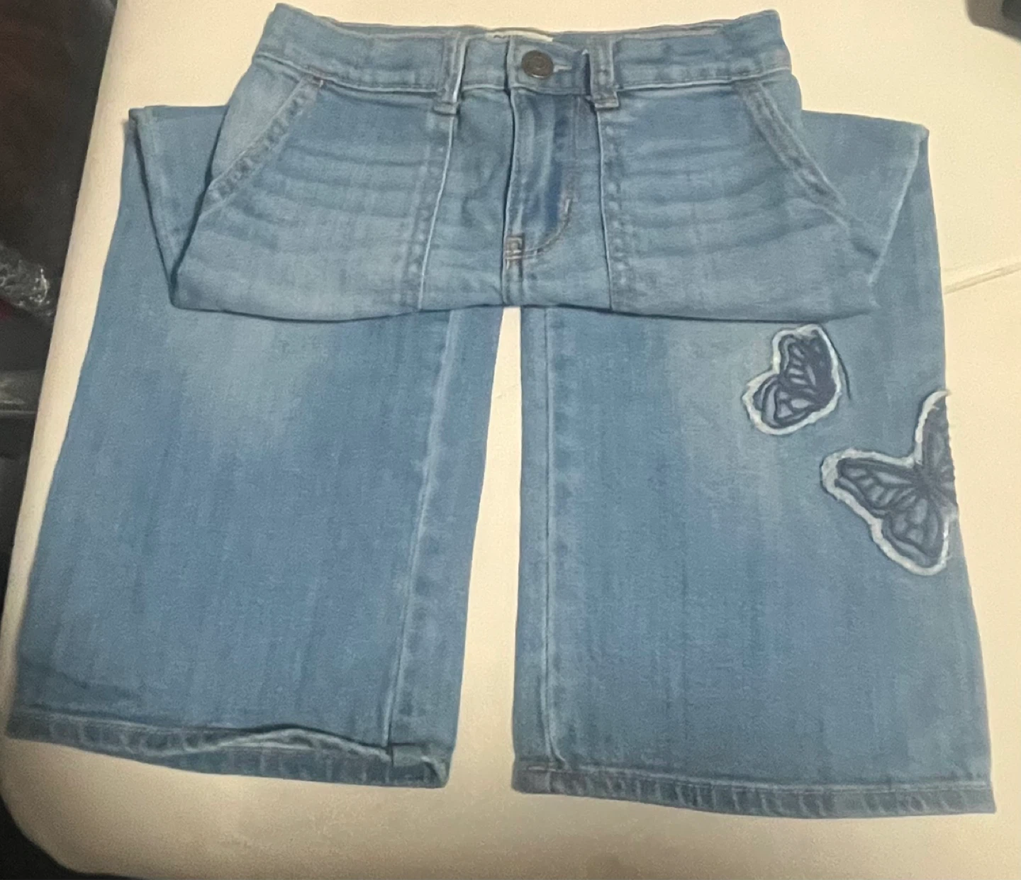 Girl's Light Wash Denim Culottes with Butterflies - photo 2