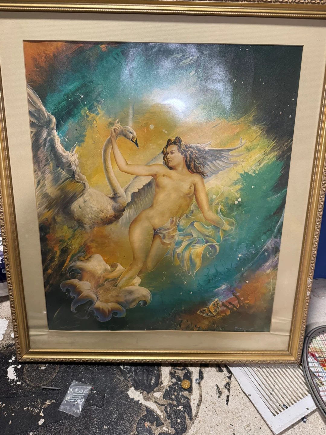 Vintage Signed Framed Fantasy Painting Woman and Swan 1978