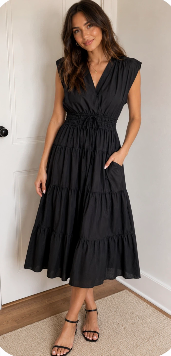 Nicole Miller Black Tiered Midi Dress