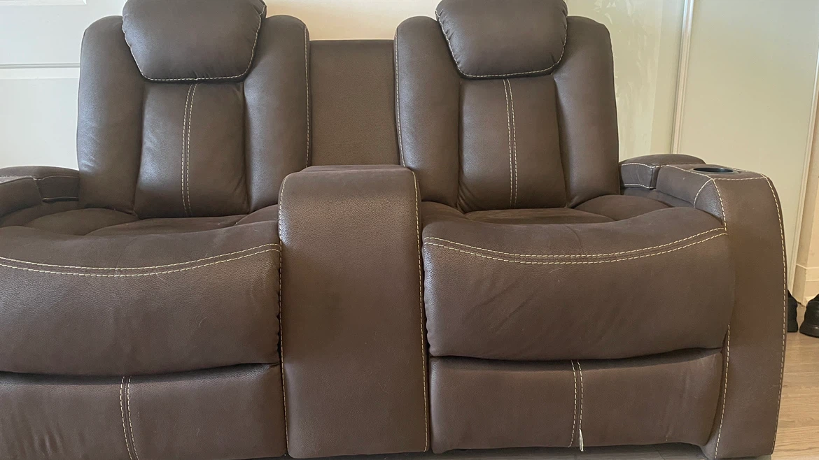 Brown Leather Loveseat Recliner with Cup Holders
