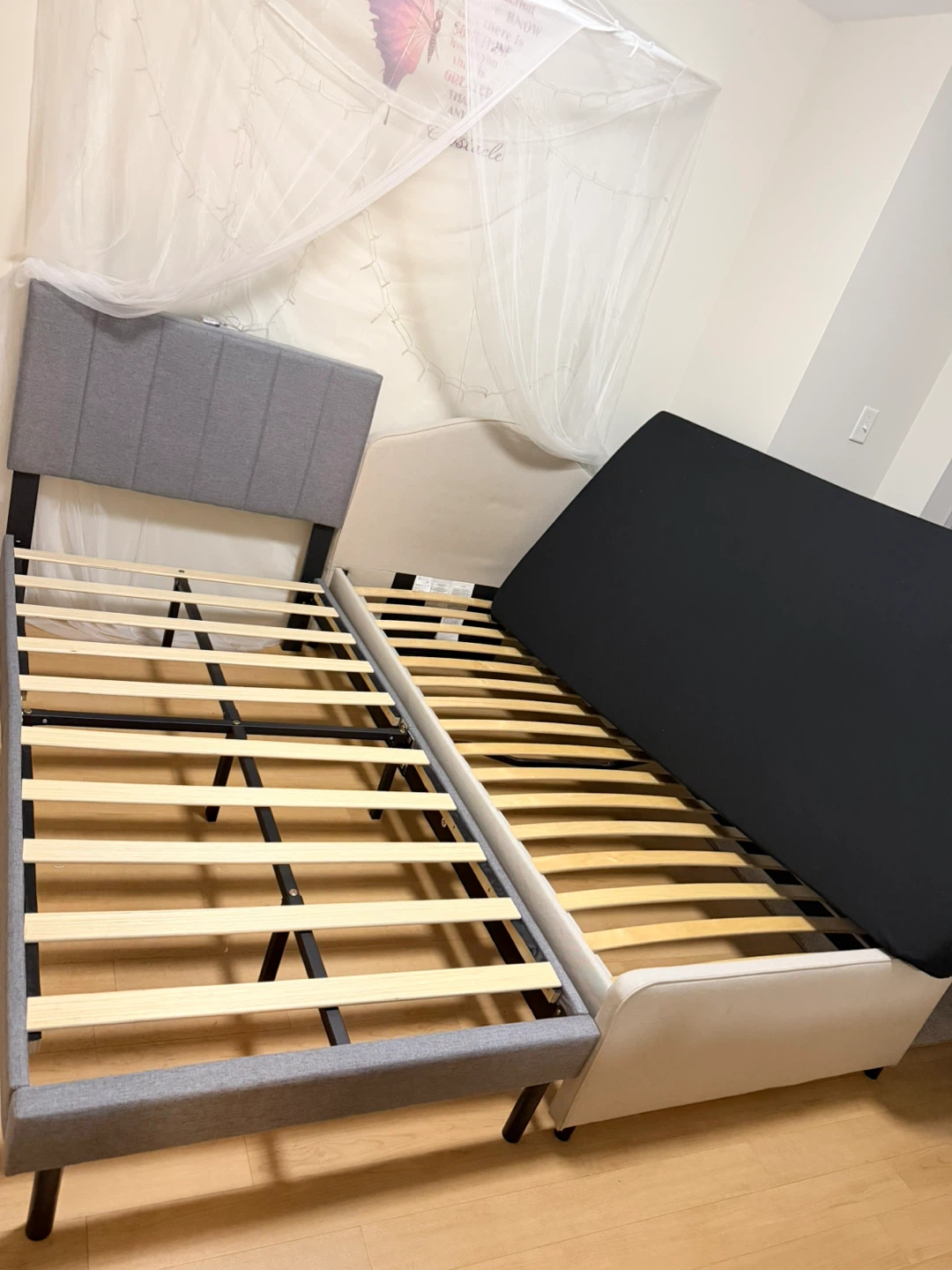 2 Upholstered Twin Bed Frame and sleep country mattress