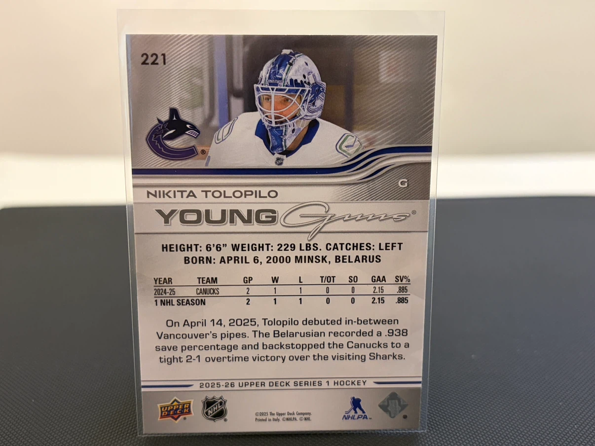Nikita Tolopilo 25-26 Canucks Young Guns Rookie Card #221 - photo 2