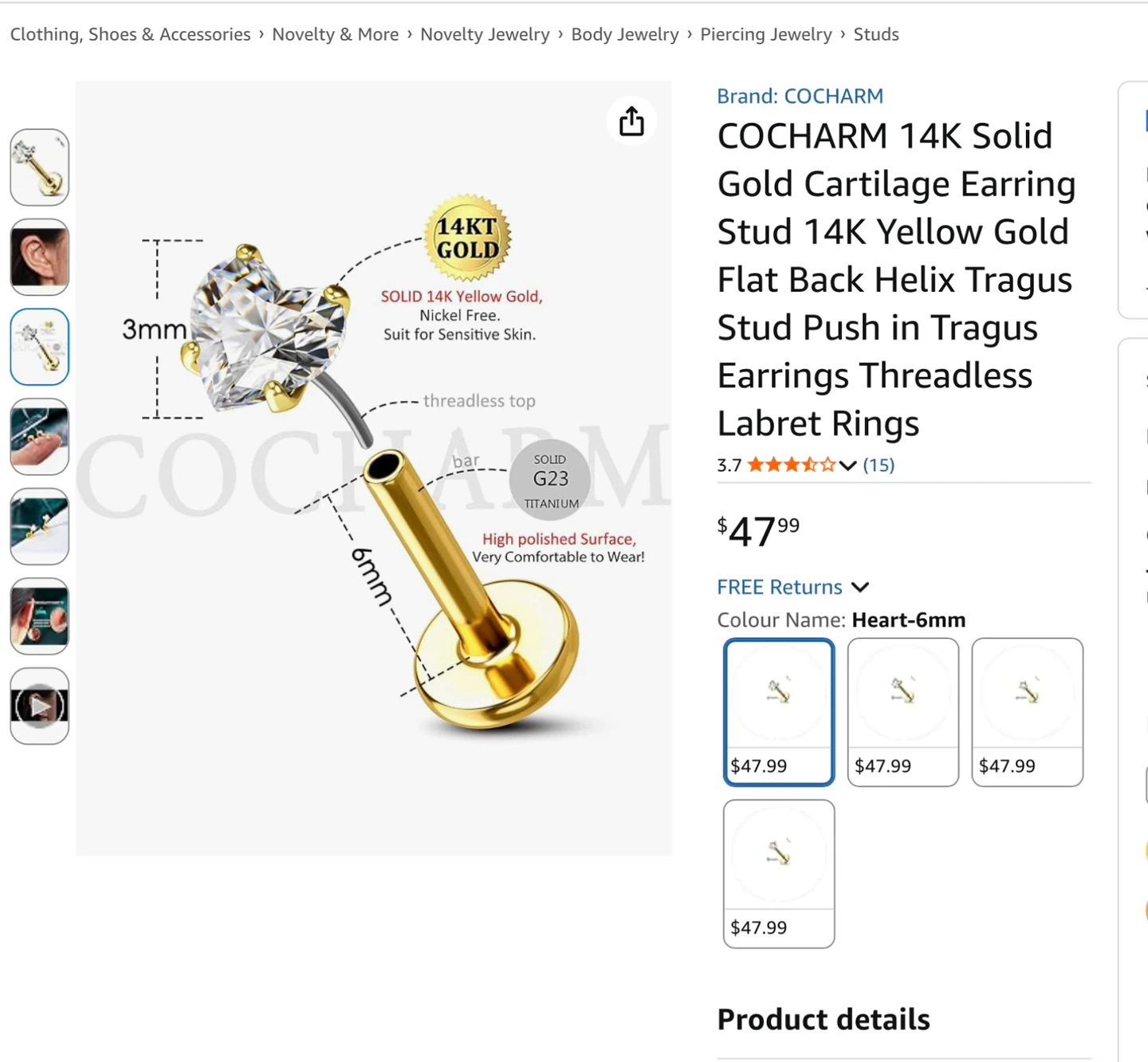 COCHARM 14K Yellow Gold Heart Cartilage Earring Stud - photo 3
