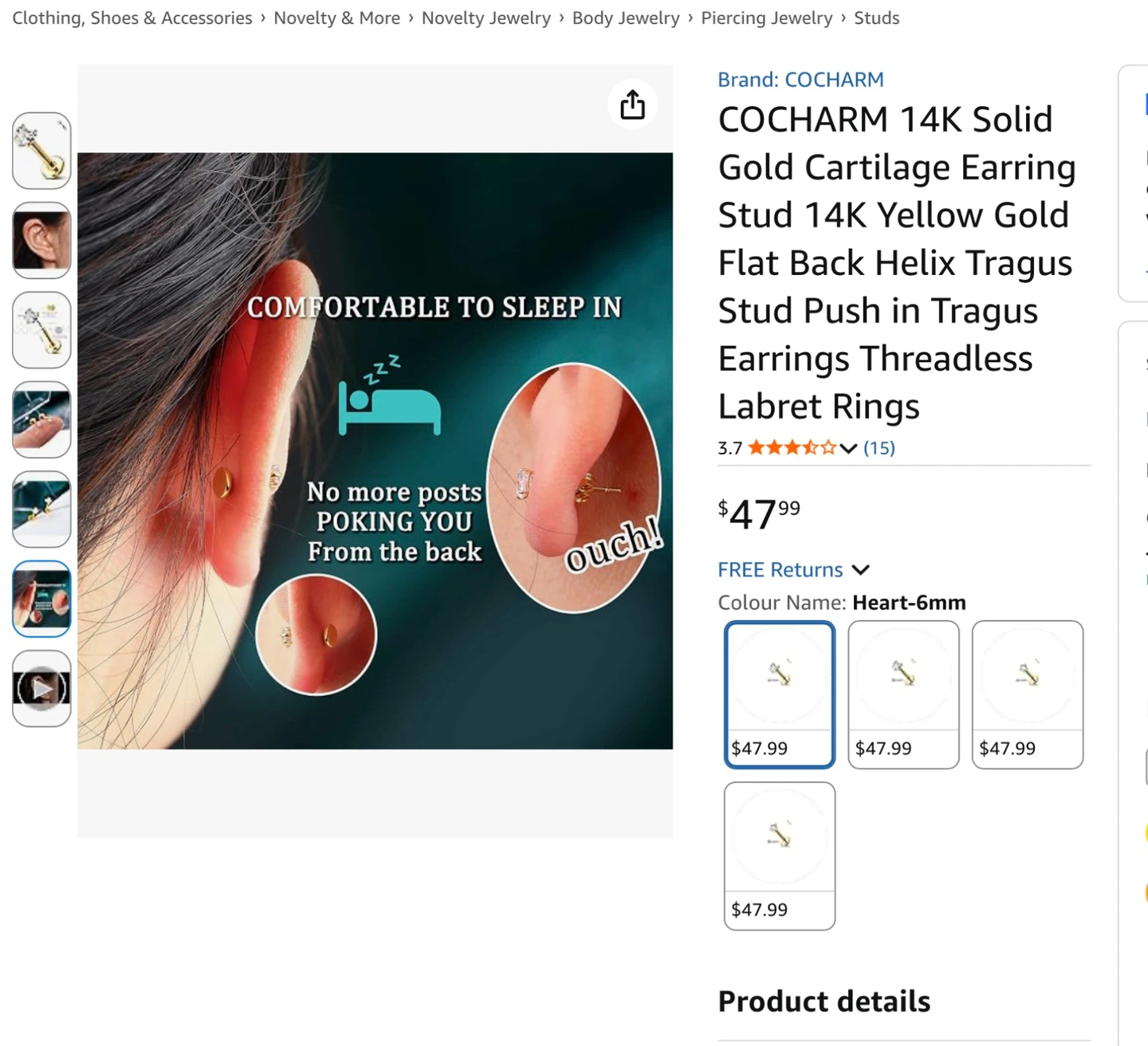 COCHARM 14K Yellow Gold Heart Cartilage Earring Stud - photo 4