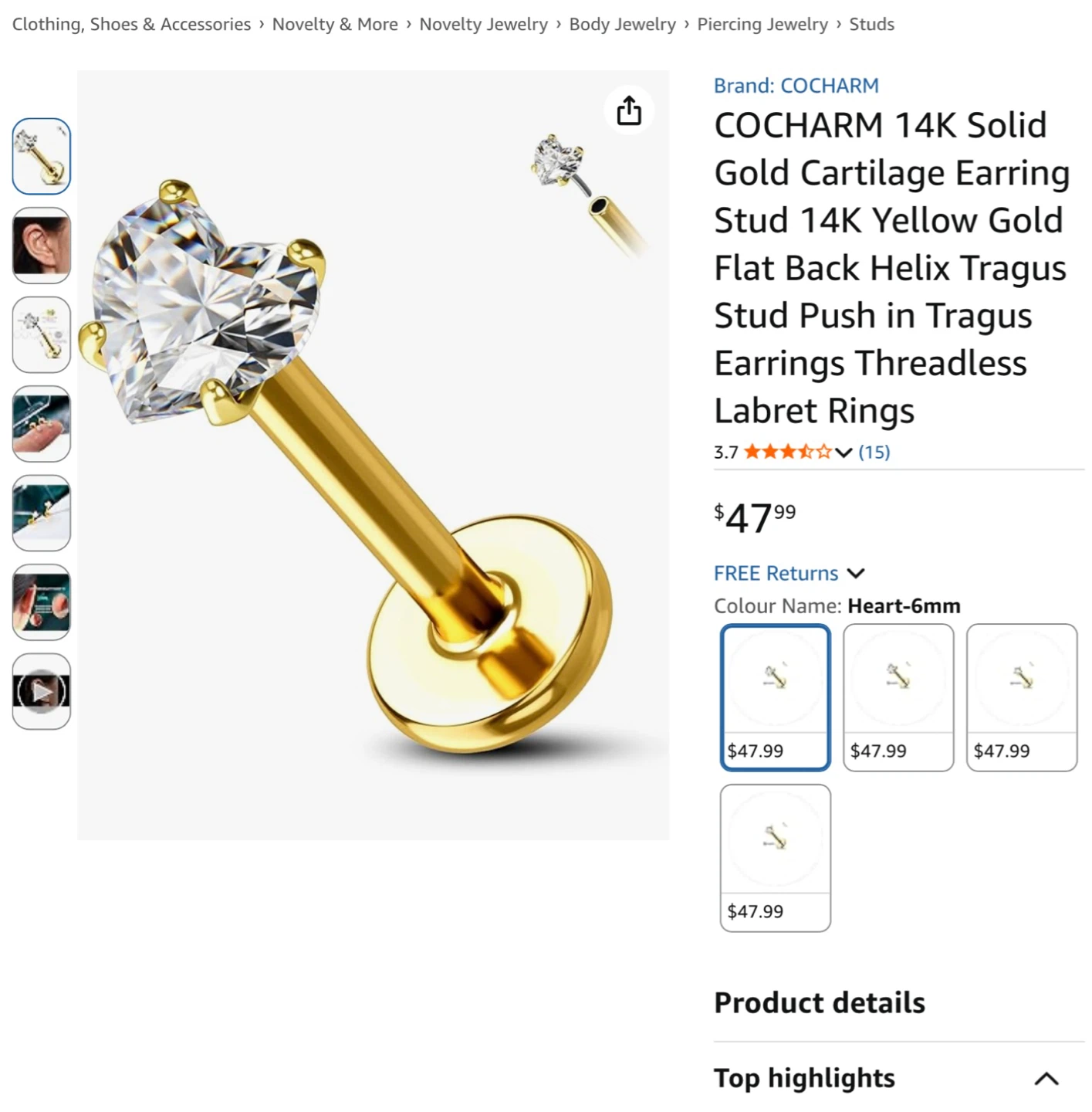 COCHARM 14K Yellow Gold Heart Cartilage Earring Stud - photo 2