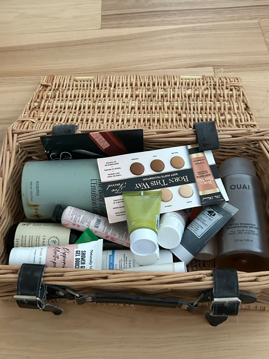 Assorted Beauty Products in Wicker Basket
