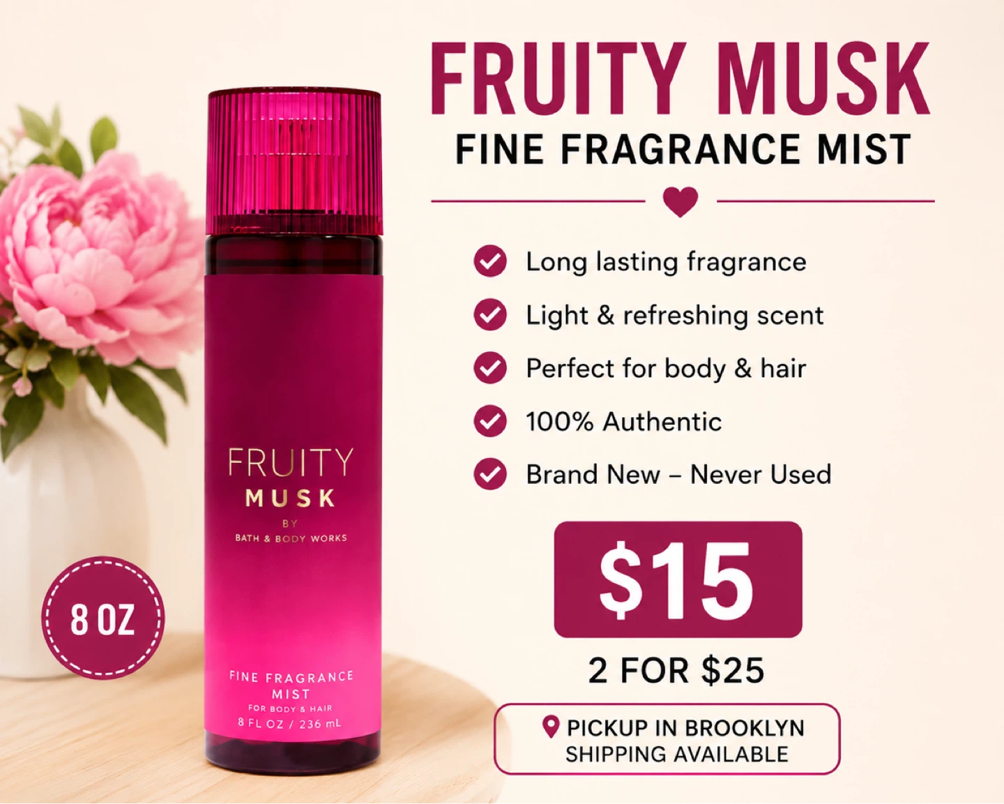 Bath & Body Works Fruity Musk Fine Fragrance Mist 8 oz