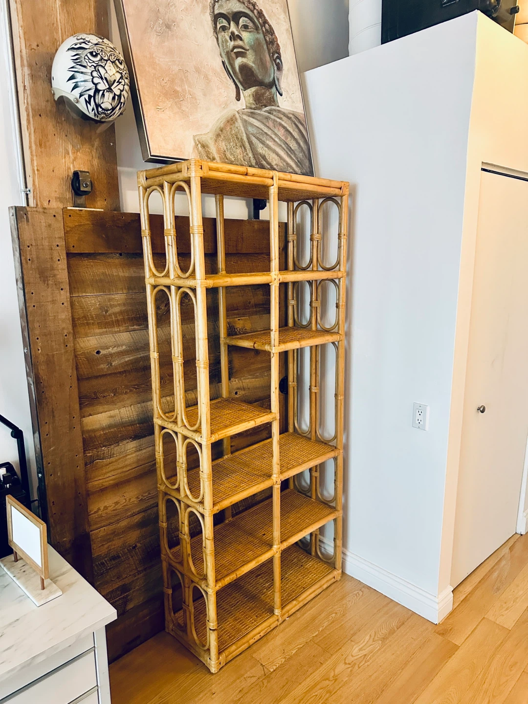 AUTHENTIC VINTAGE BOHO CHIC BAMBOO RATTAN ETAGERE DISPLAY SHELF - photo 2