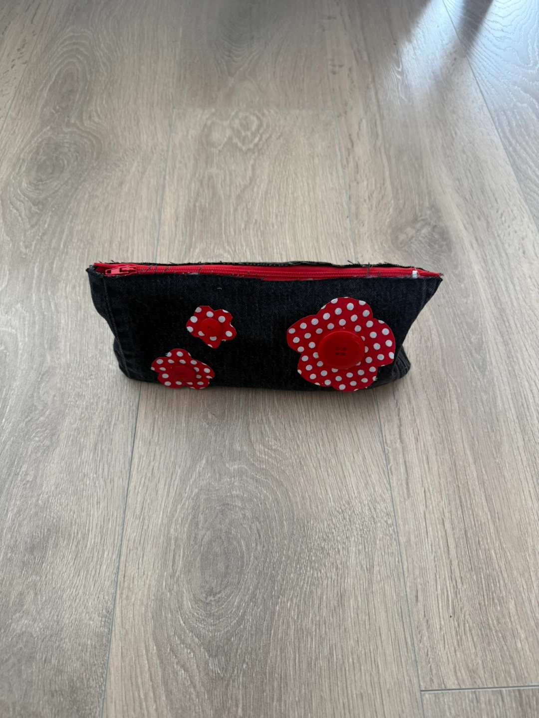 Handmade Black Pencil Case with Red Polka Dot Flowers - photo 3