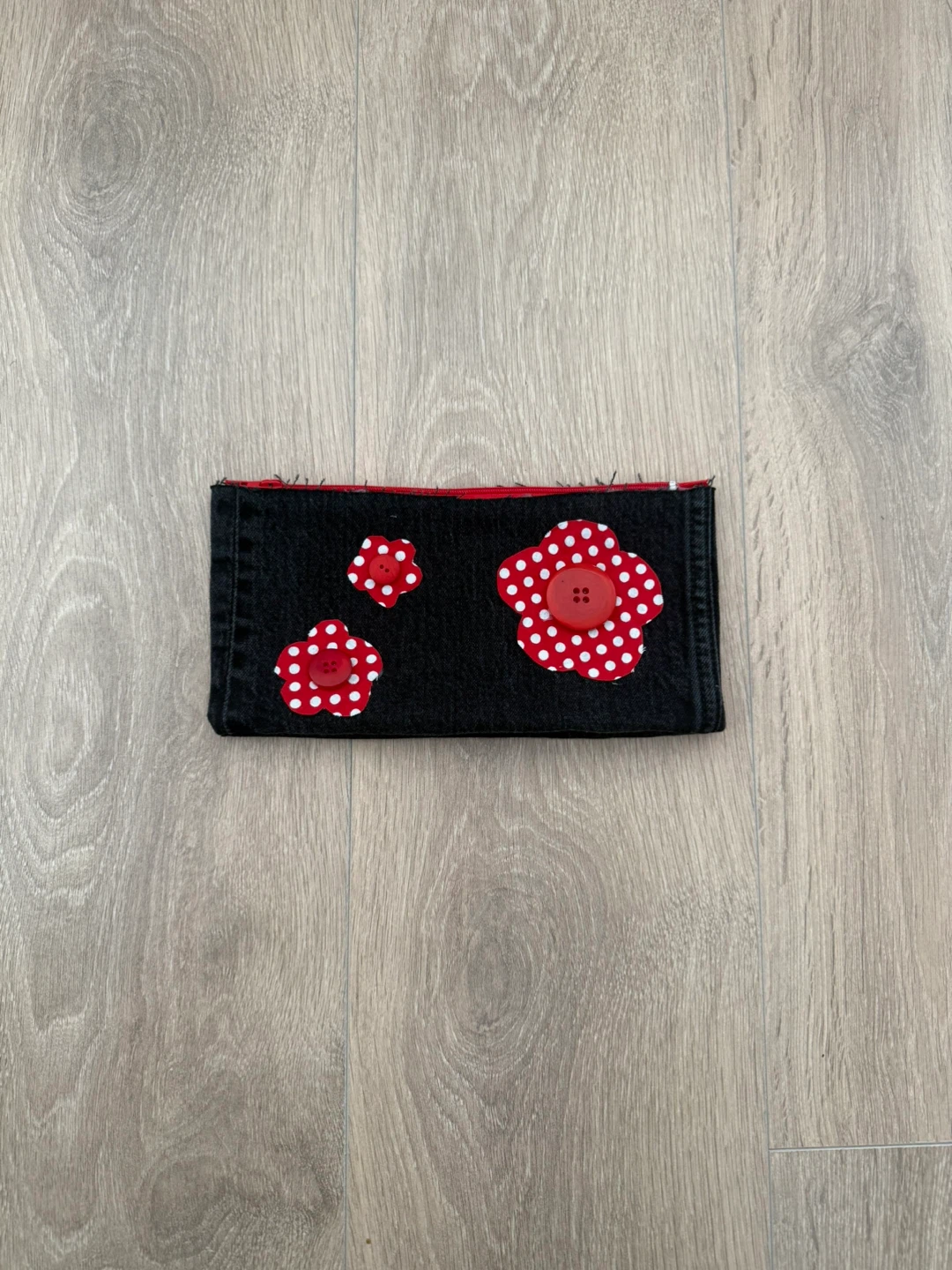 Handmade Black Pencil Case with Red Polka Dot Flowers