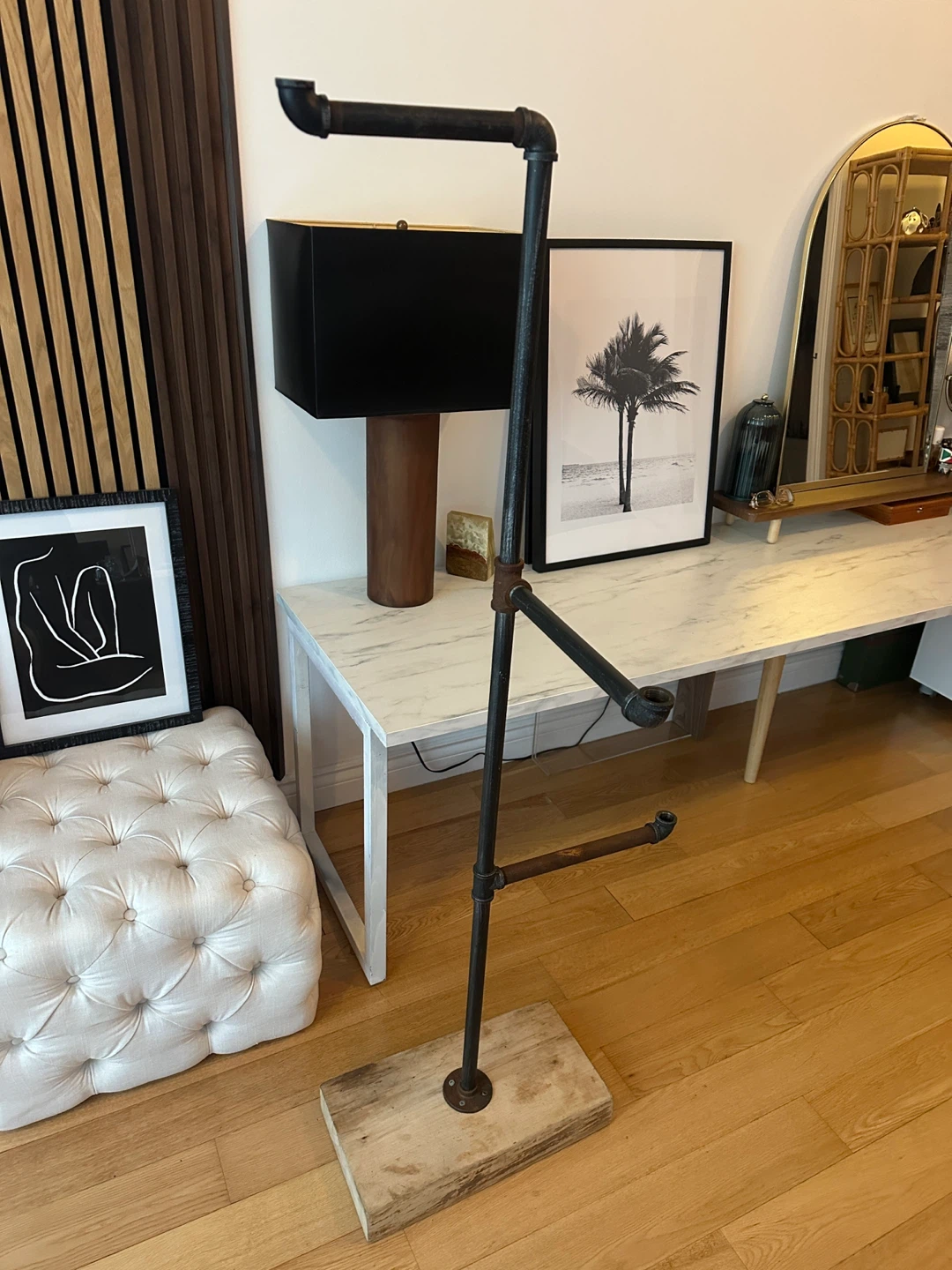 VINTAGE STEEL PIPE GARMENT RACK RECLAIMED WOOD CLOTHING STAND - photo 2