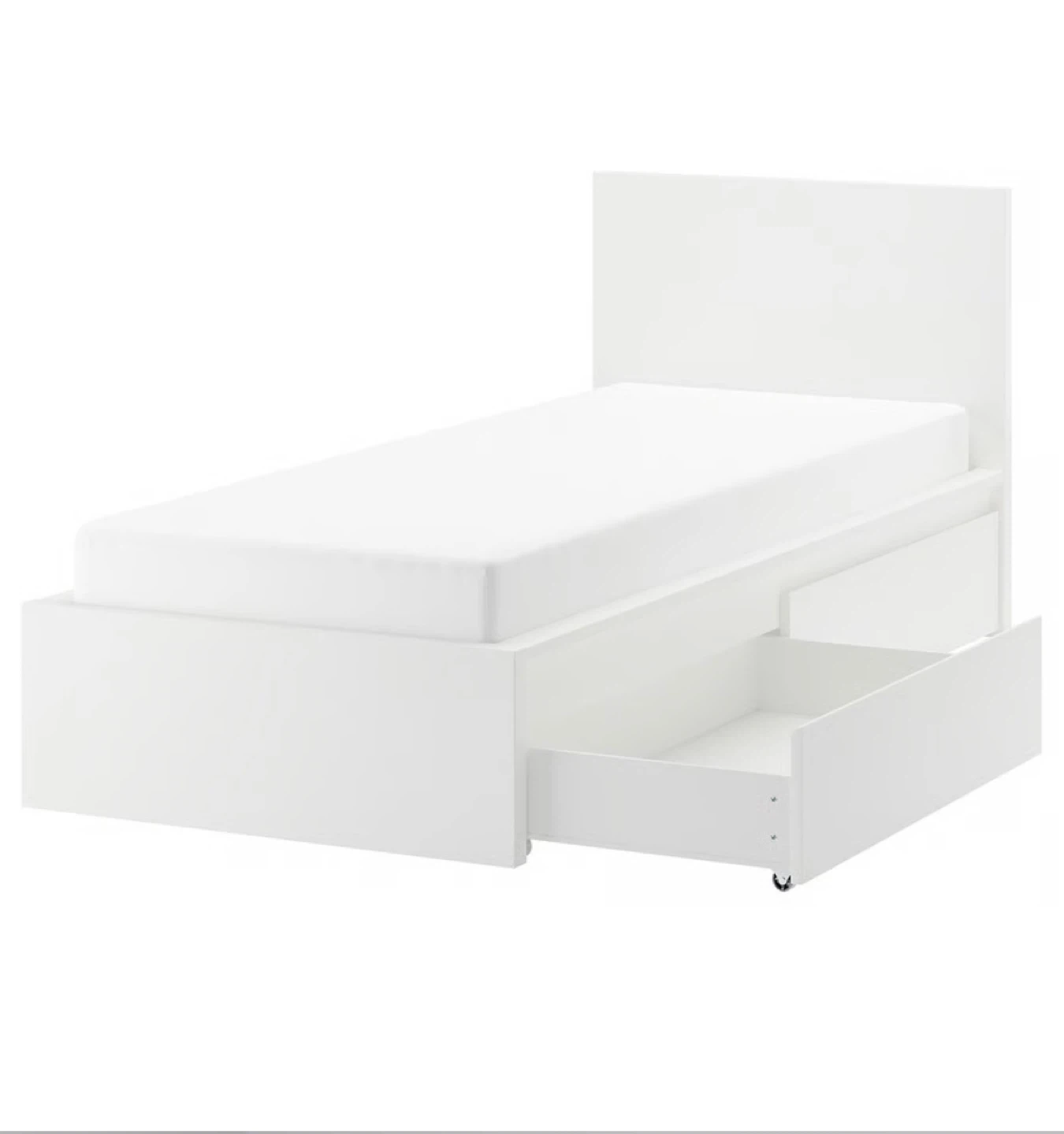 MALM High bed frame/2 storage boxes, white, Twin