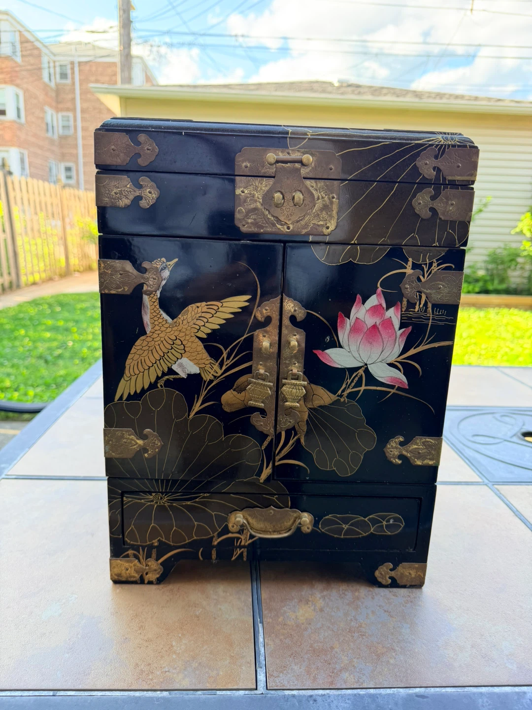 Vintage Black Lacquer Jewelry Box with Crane and Lotus Design