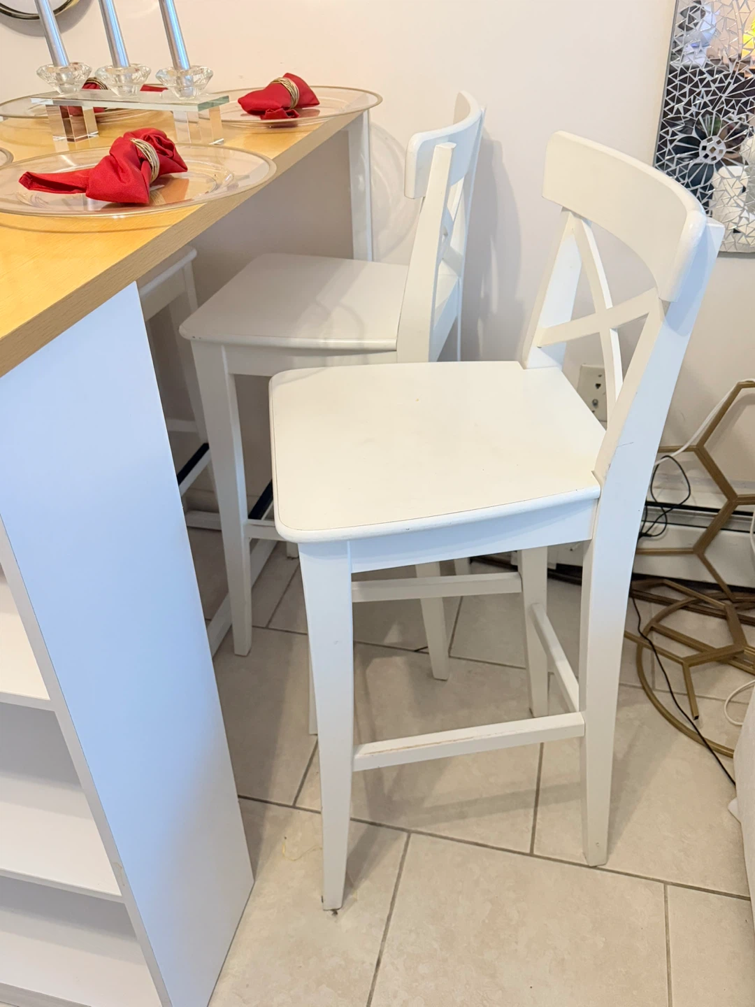 White Bar Stools with Tall Kitchen Table and Shelving