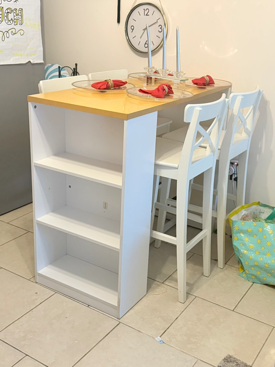 White Bar Stools with Tall Kitchen Table and Shelving - photo 3
