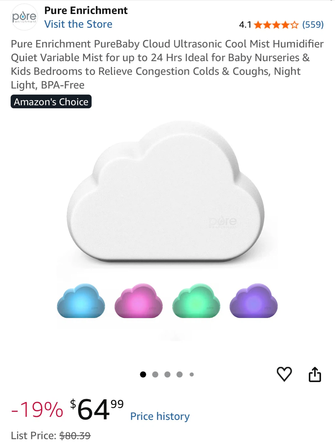 Pure Enrichment PureBaby Cloud Ultrasonic Cool Mist Humidifier
