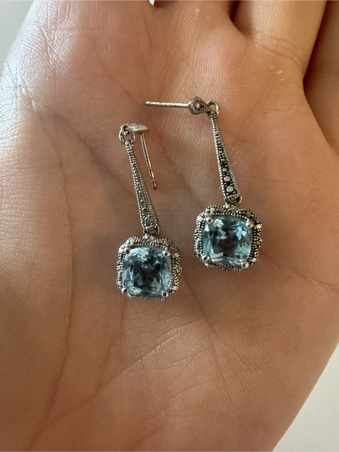 Blue Topaz Drop Earrings with Marcasite Accents