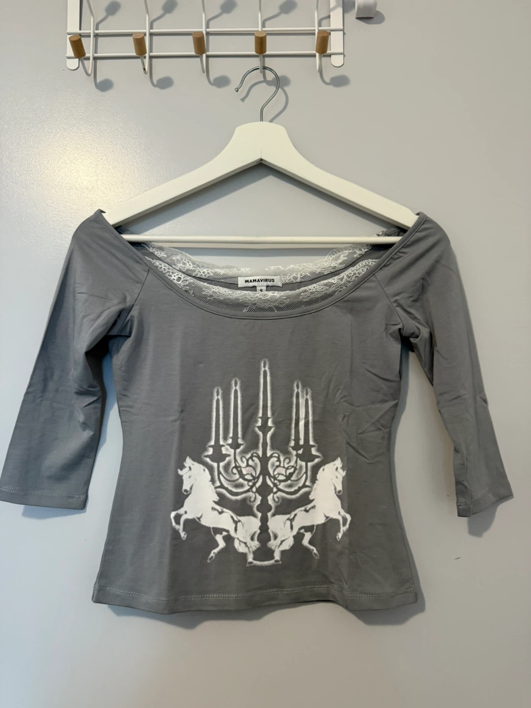 MAMAVIRUS Grey Lace Trim Shirt Size S