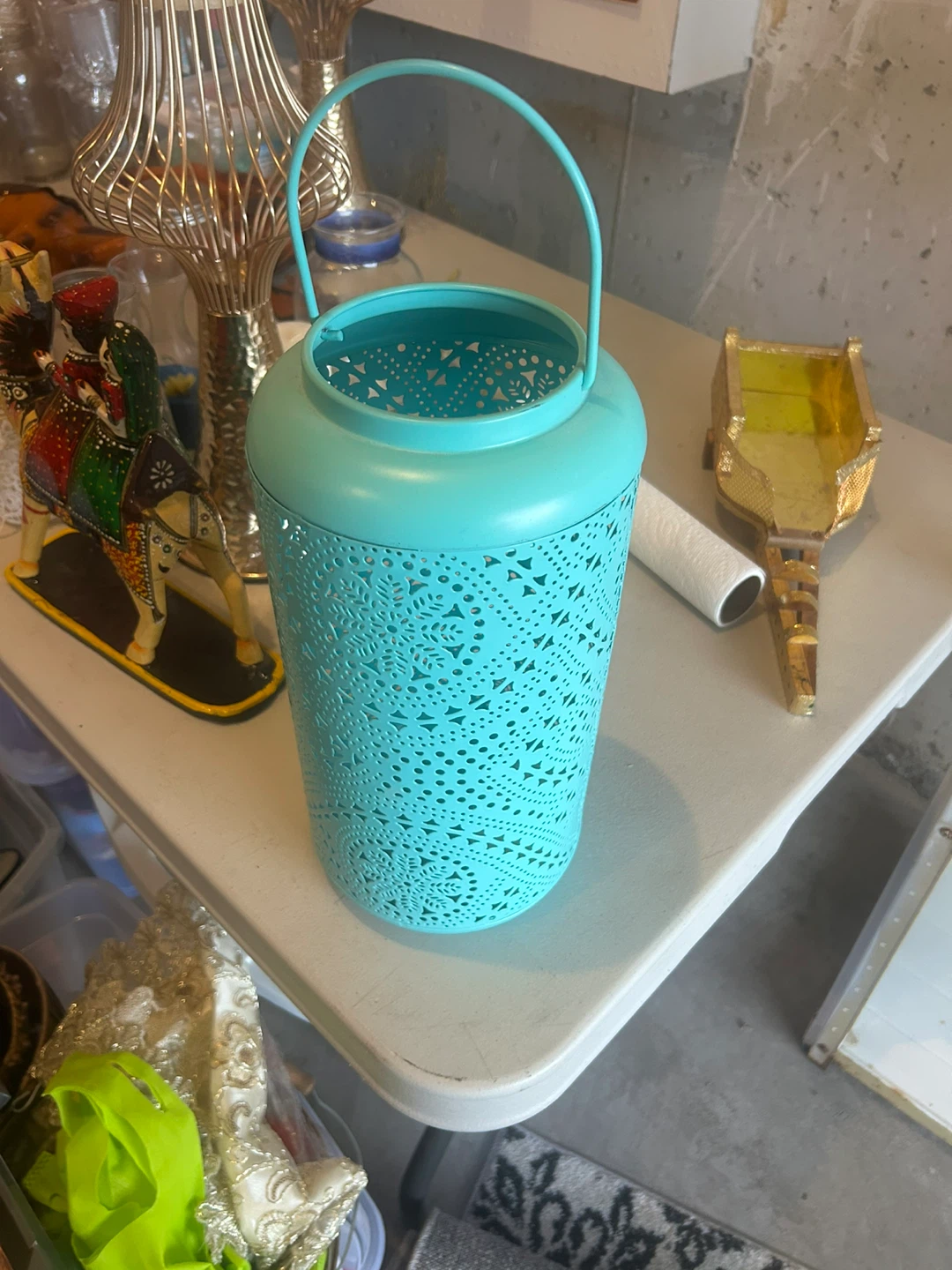 Teal Metal Lantern with Cutout Design