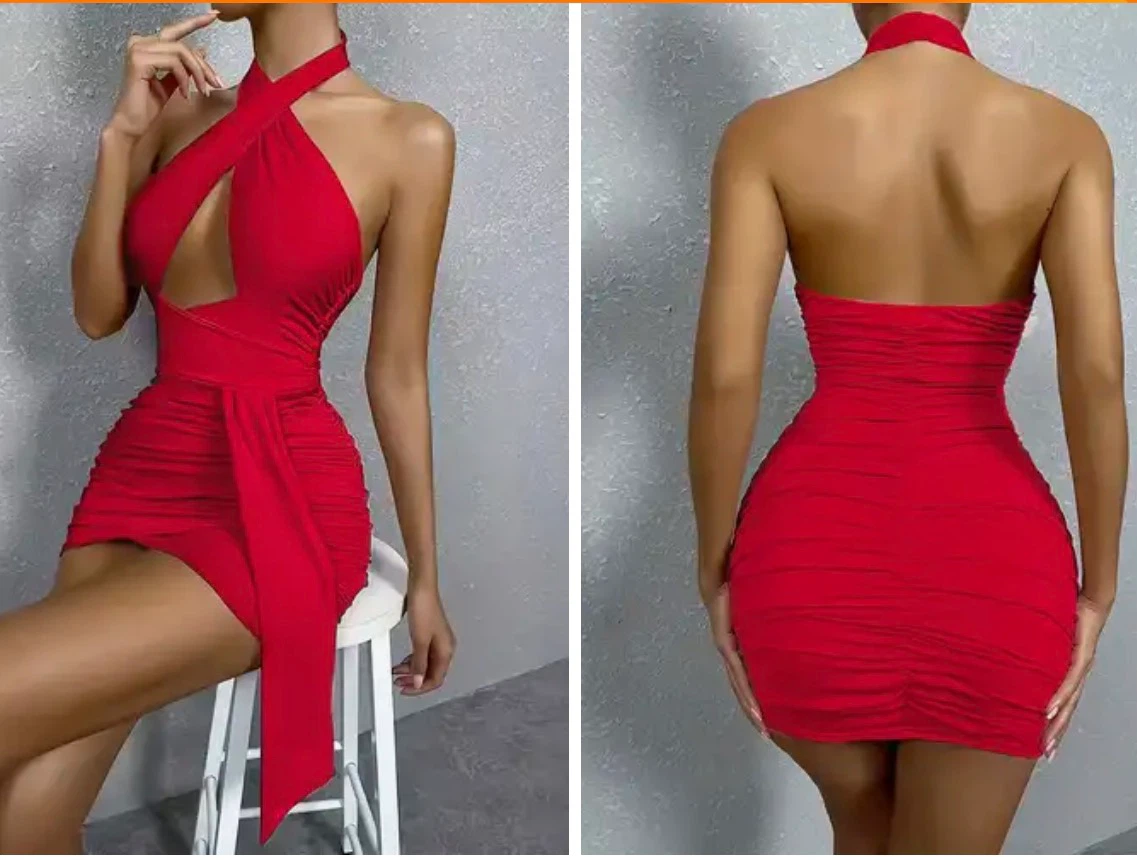 Red Halter Ruched Bodycon Mini Dress. Size large