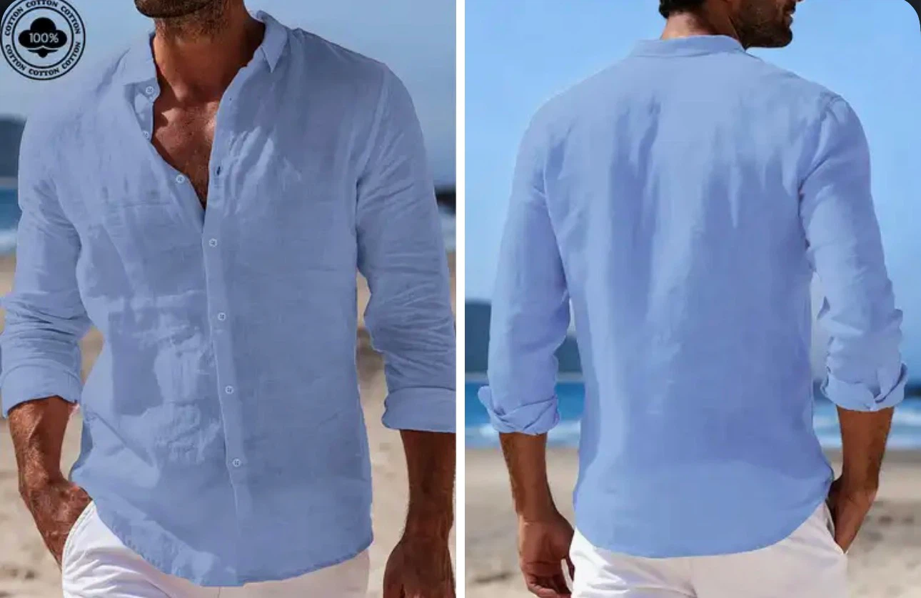 Men's Blue Cotton linen blend Button Up Shirt. Size medium