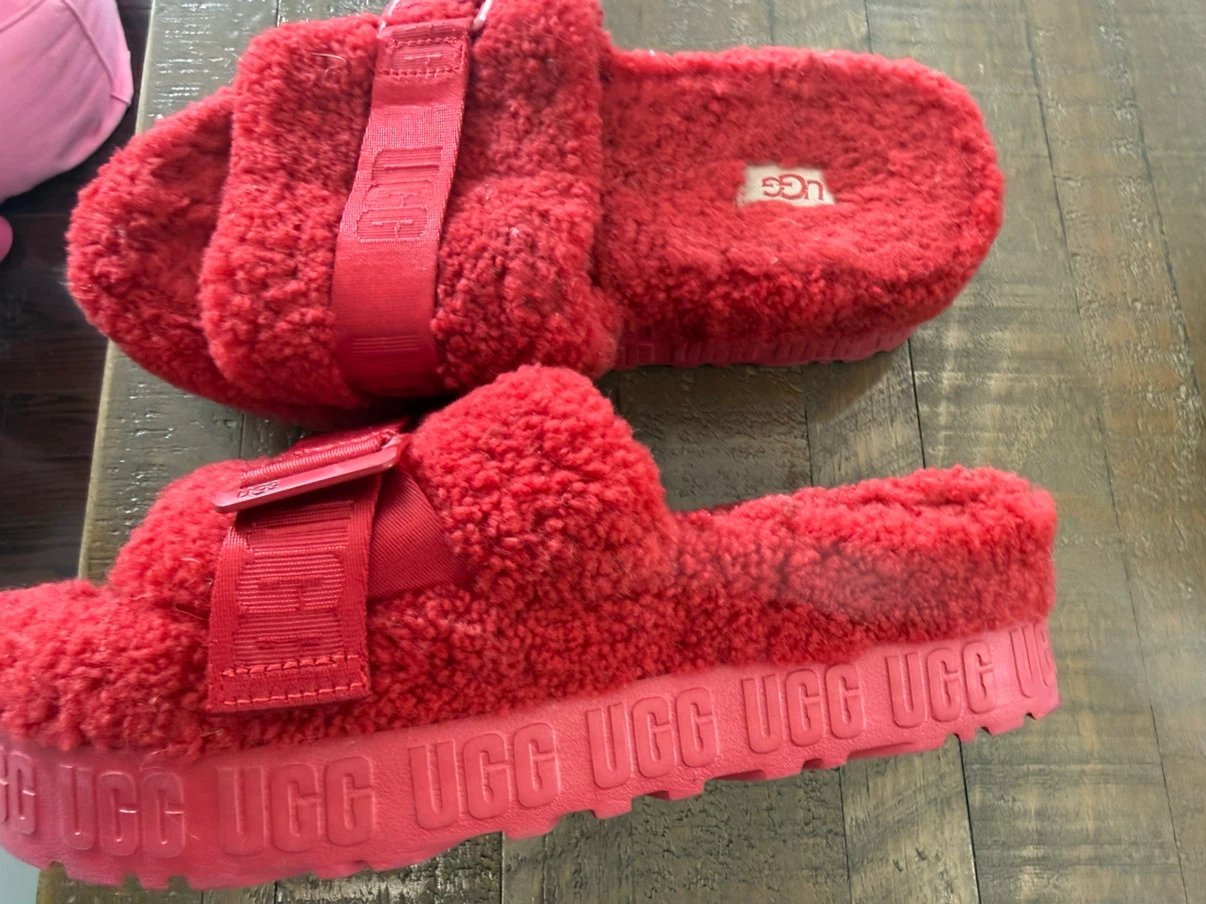 UGG Red Fluffy Slides