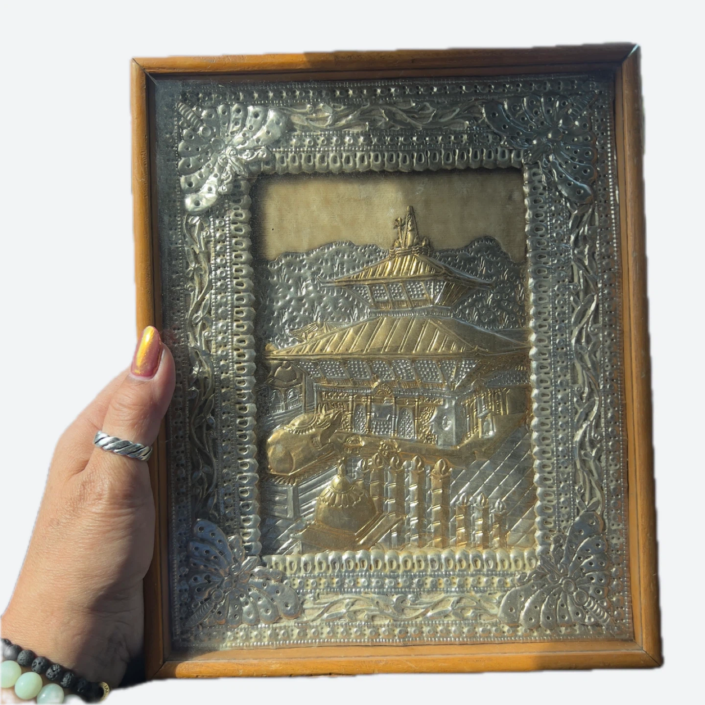 Framed Metal Artwork with Temple Scene