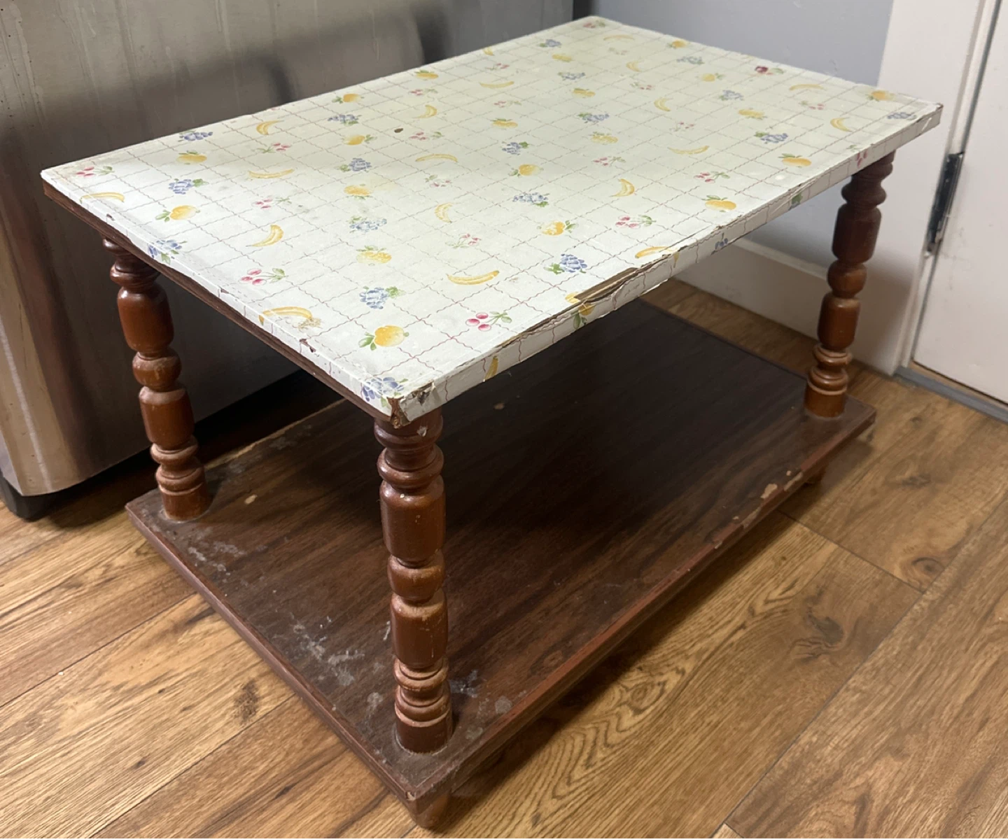 Vintage 2-Tier Side Table with Fruit Pattern