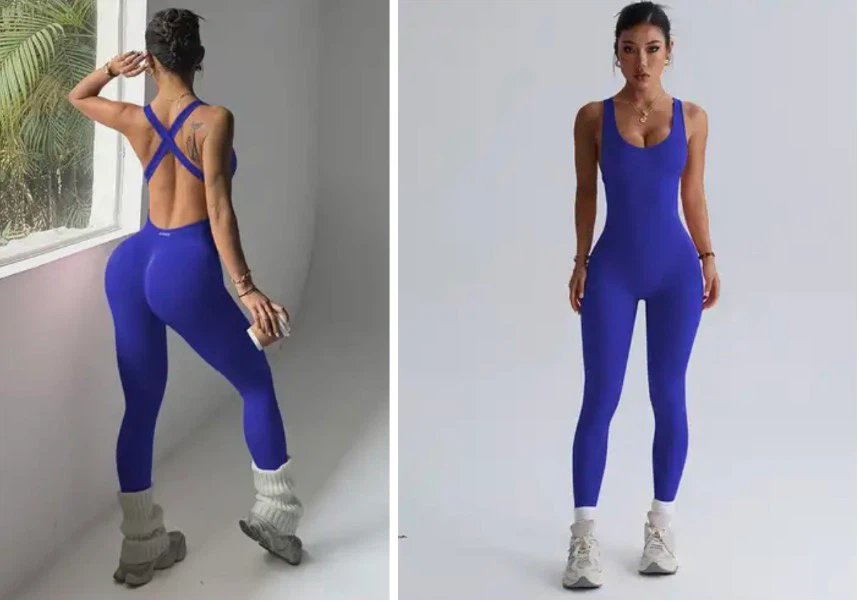 Blue Sleeveless Bodysuit with Criss-Cross Back. Size medium