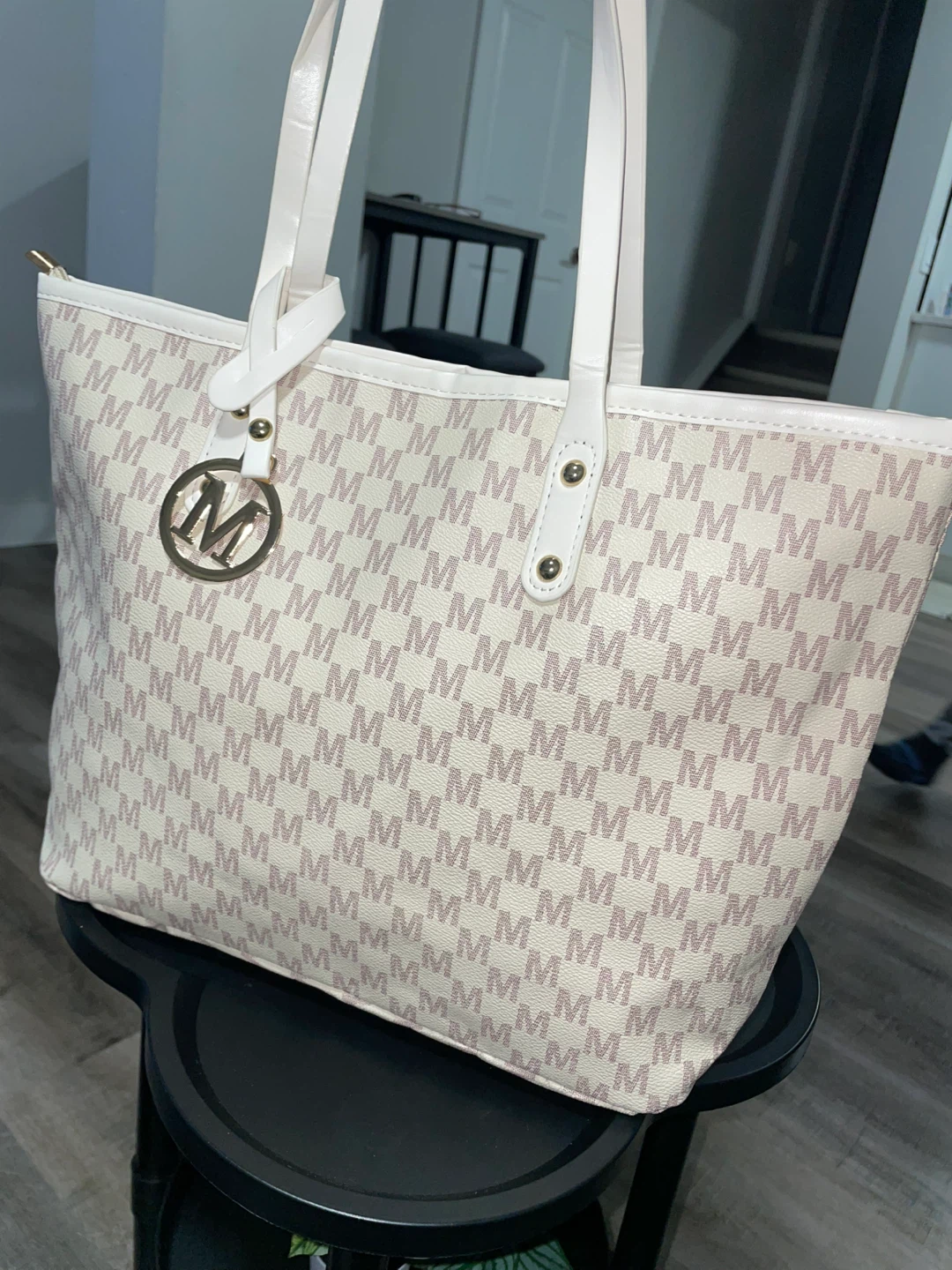 Cream and Pink M Monogram Tote Bag
