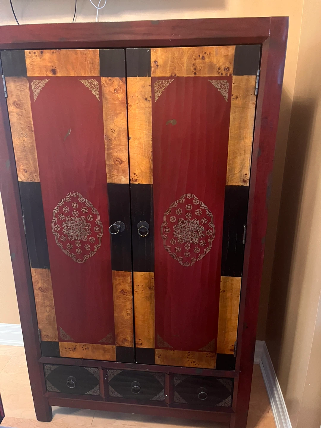 Red and Wood Accent Cabinet with Drawers