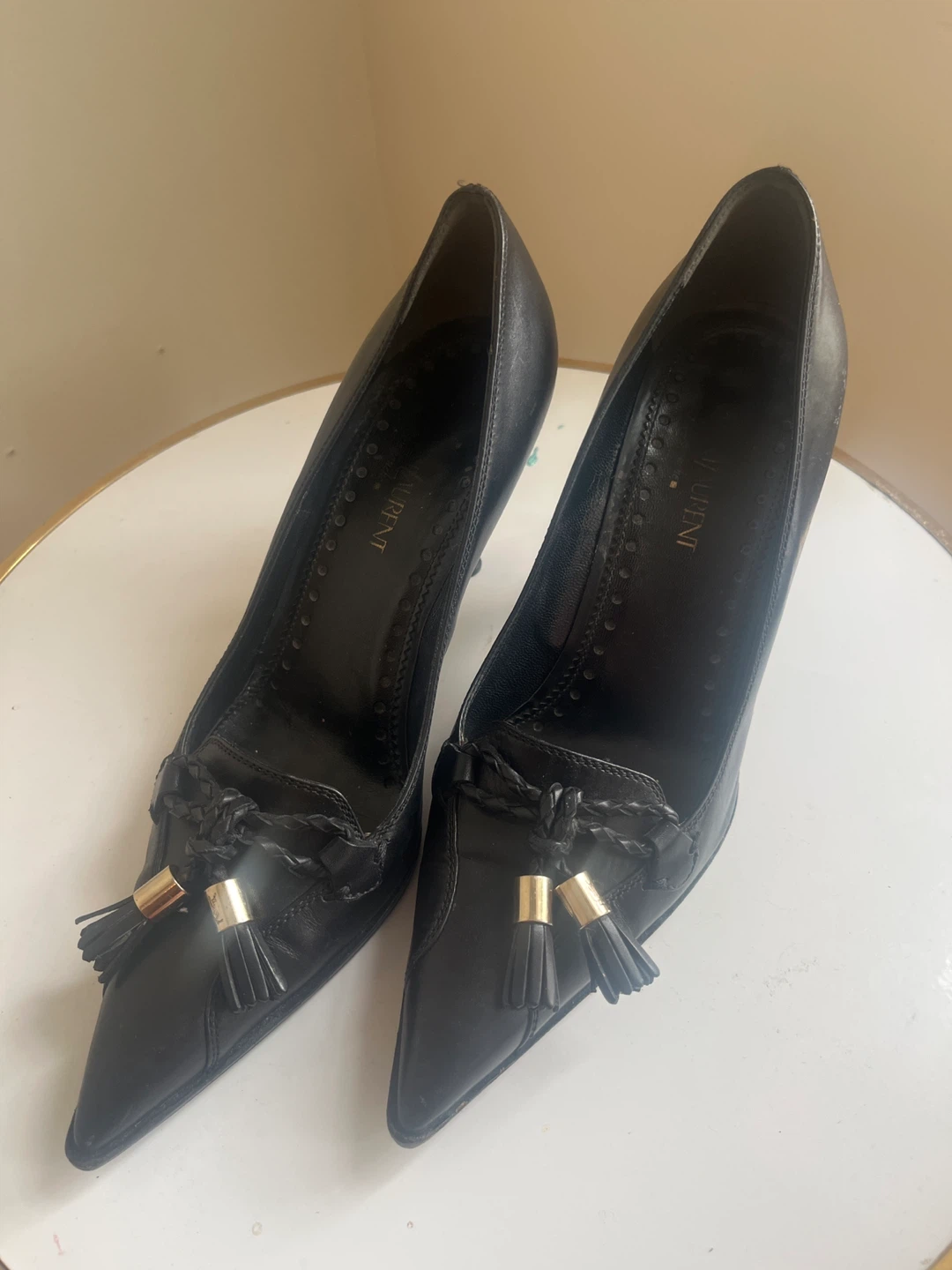 Saint Laurent Black Leather Tassel Heels