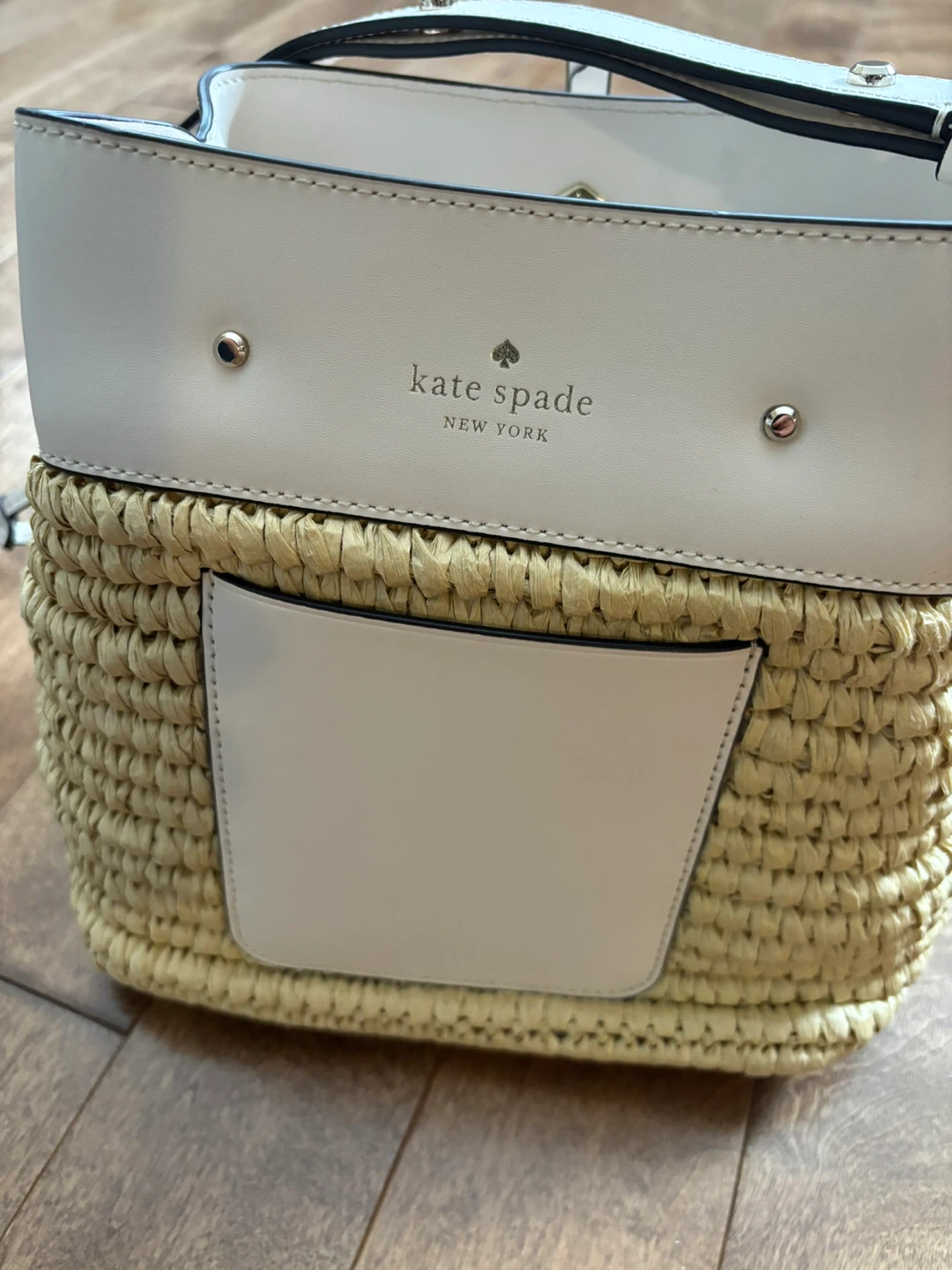 Kate Spade Straw Bucket Bag with White Leather Trim