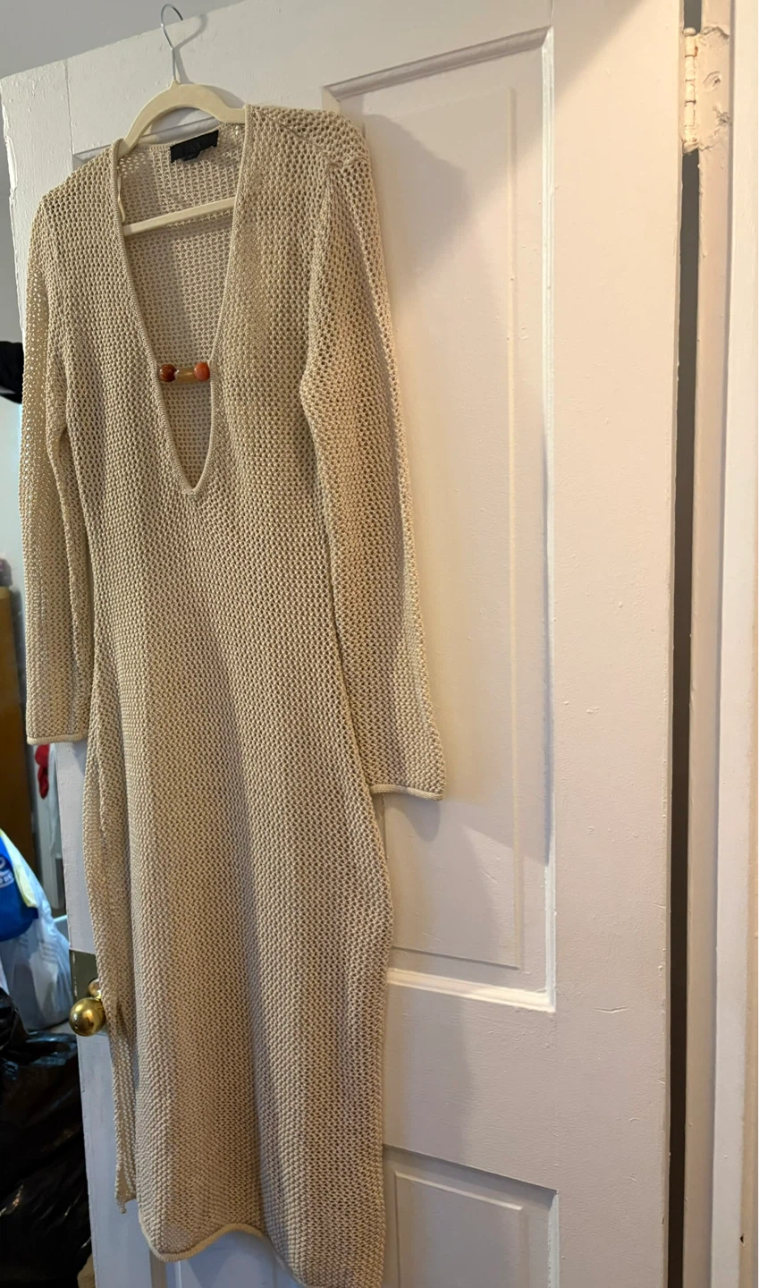 Beige Knitted cover up Dress with Wooden Detail