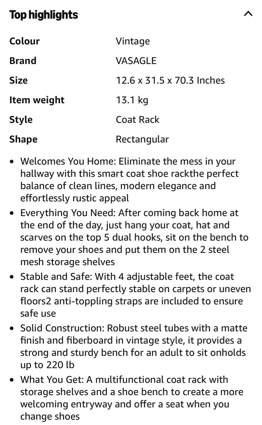 VASAGLE Coat Rack with Shoe Bench - photo 2