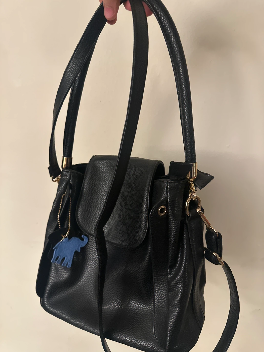 Black Faux Leather Handbag with Elephant Charm