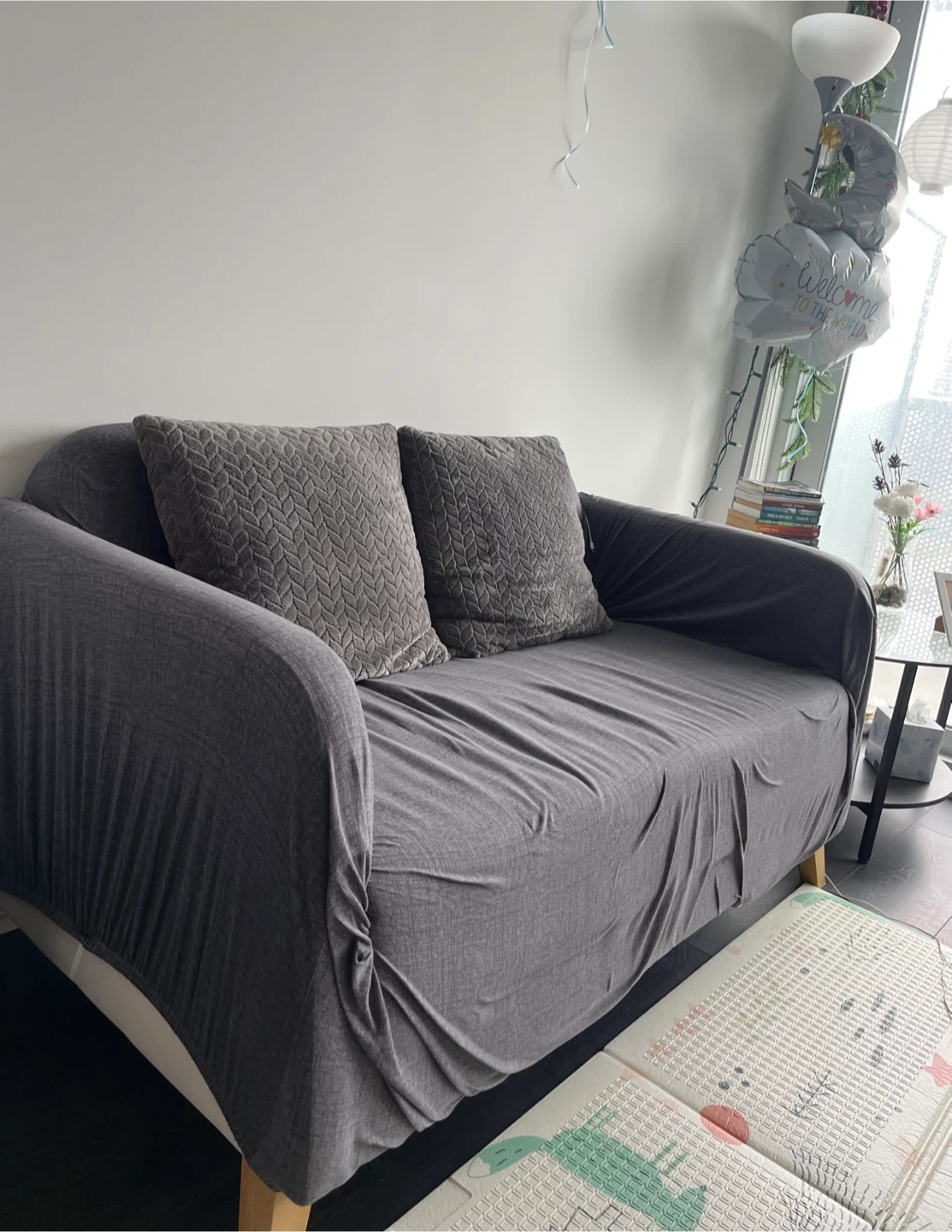 Sofa with Grey Cushions and cover