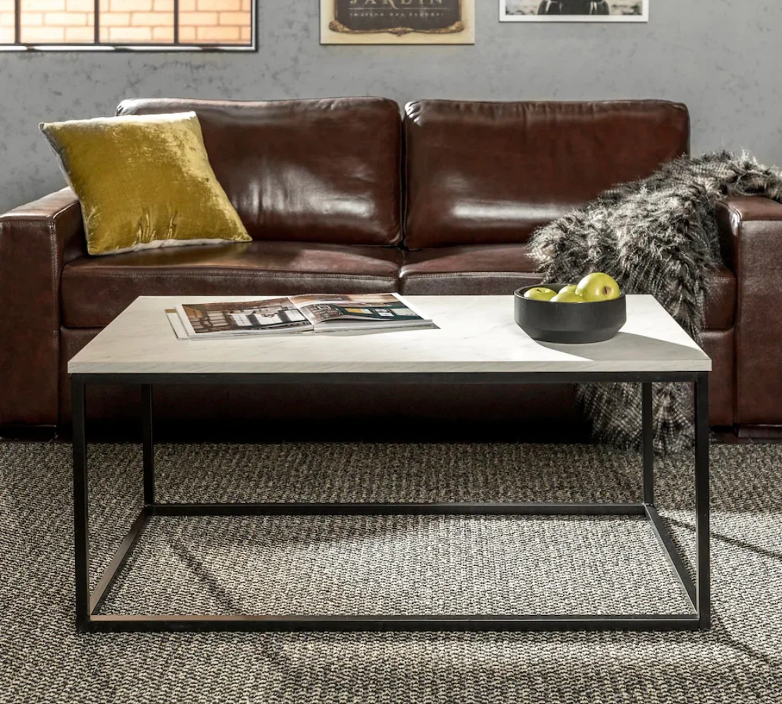 Modern Coffee Table - White Marble Top & Black Metal Frame