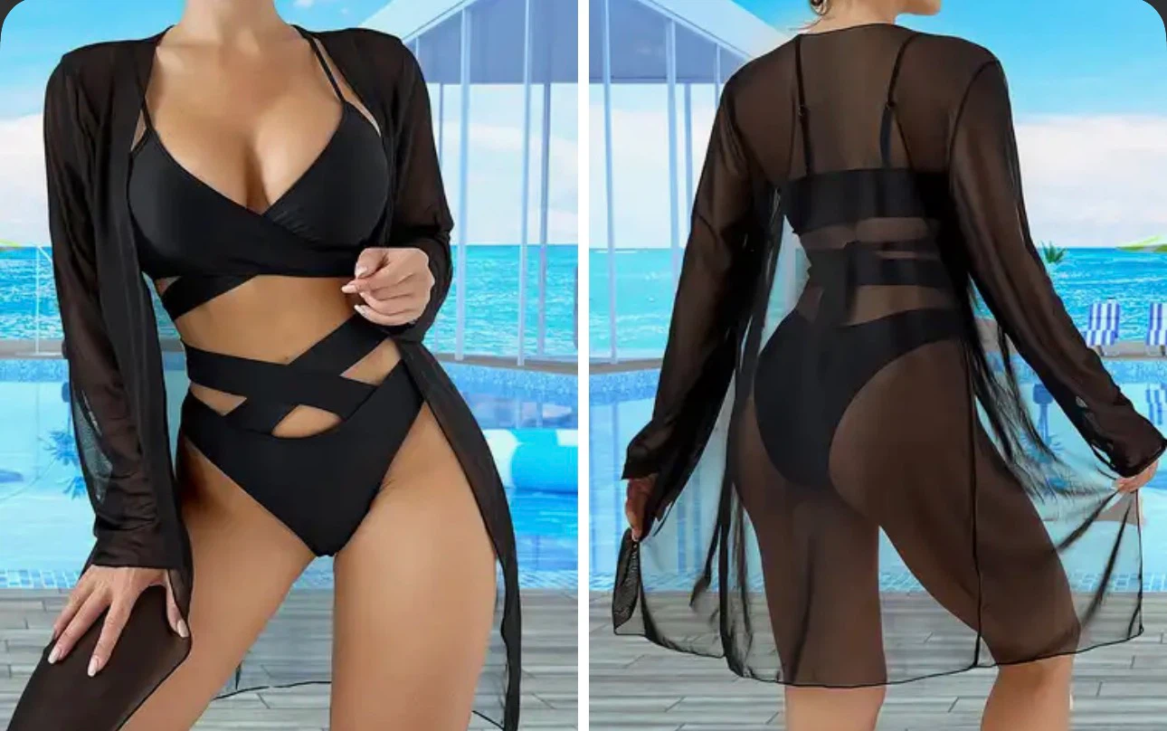 Black Strappy Bikini with Sheer Cover-up. Size large