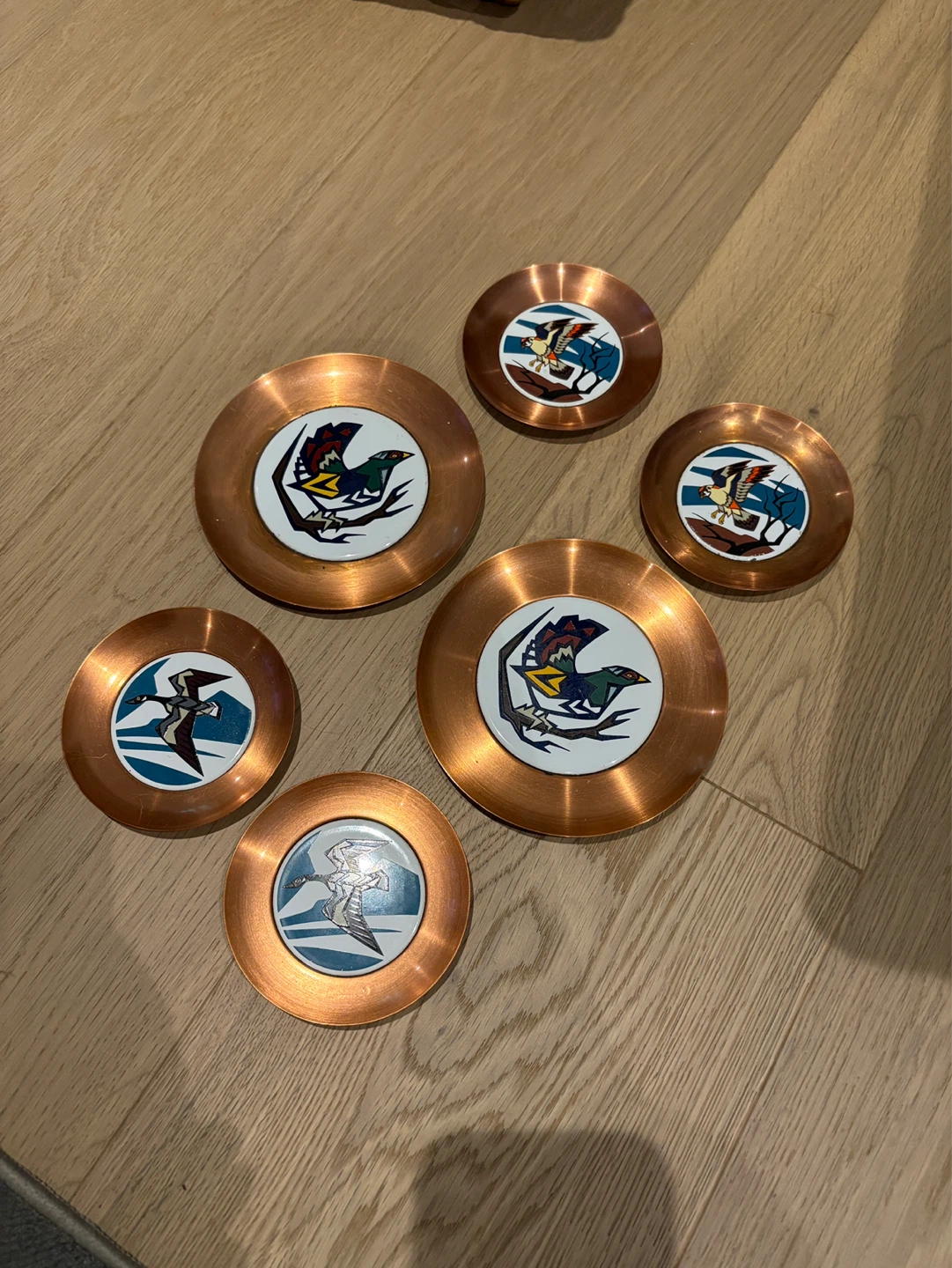 Set of 6 Vintage Copper Coasters with Bird Designs